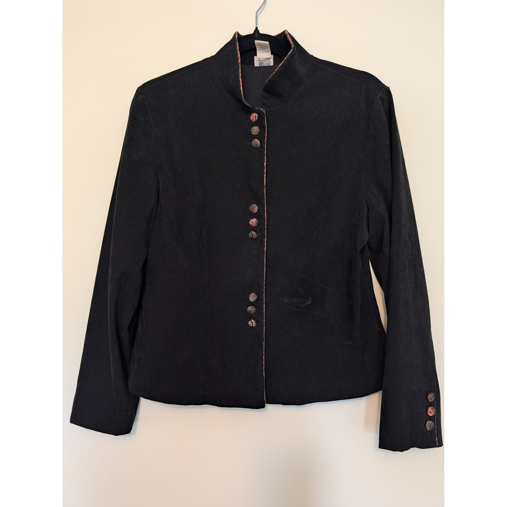 J Jill Womens Black Suede Look Mandarin Collar Brocade Trim Jacket Blazer 8